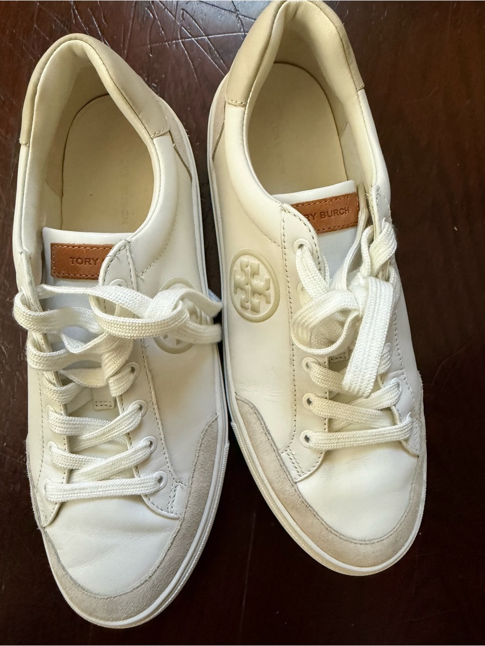 Tory Burch T-Logo Leather Suede Sneakers Ivory White Women’s 9M Style 60847 EUC
